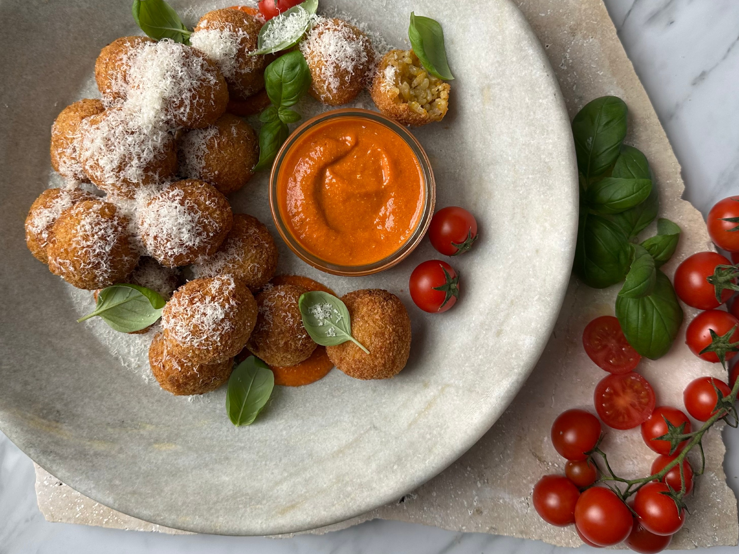 Tomato & Basil Arancini Bites with Romesco - Katering at Home ...